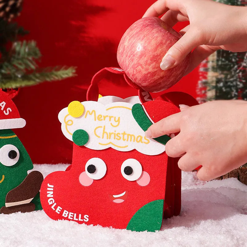 Green felt gift bag for Christmas gift wrapping with festive design