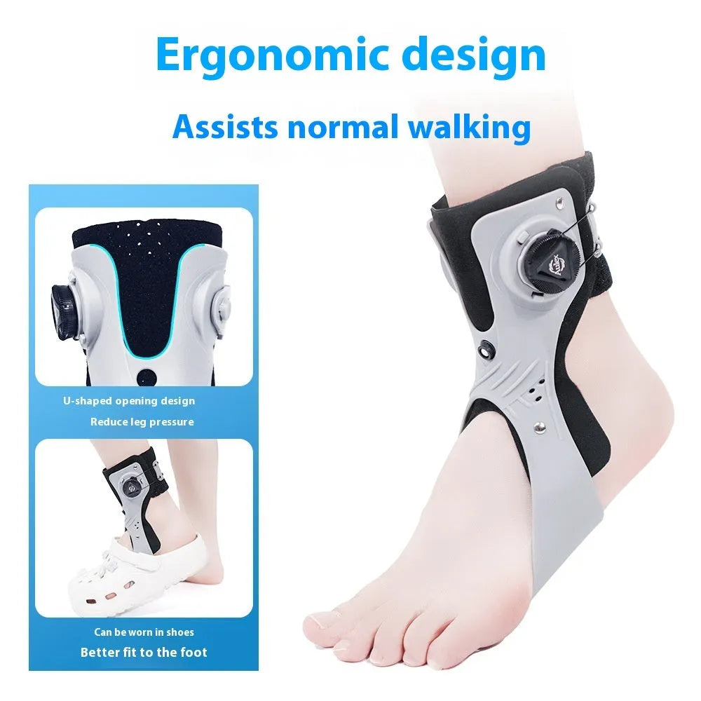 Grey and black ankle fixation brace with an airbag button, shown in left and right versions.