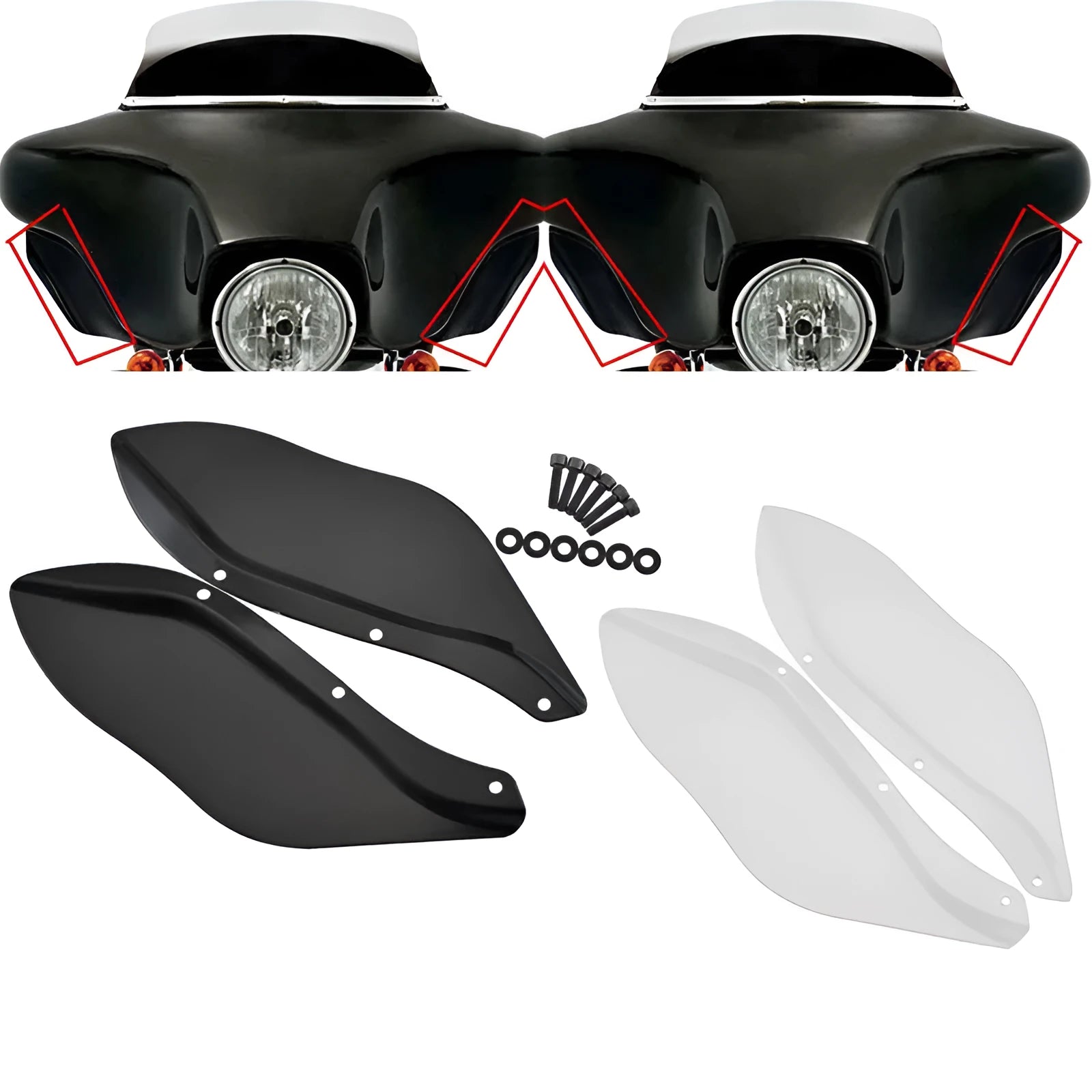 Harley-Davidson motorcycle windshield side wing pair in transparent and black finish