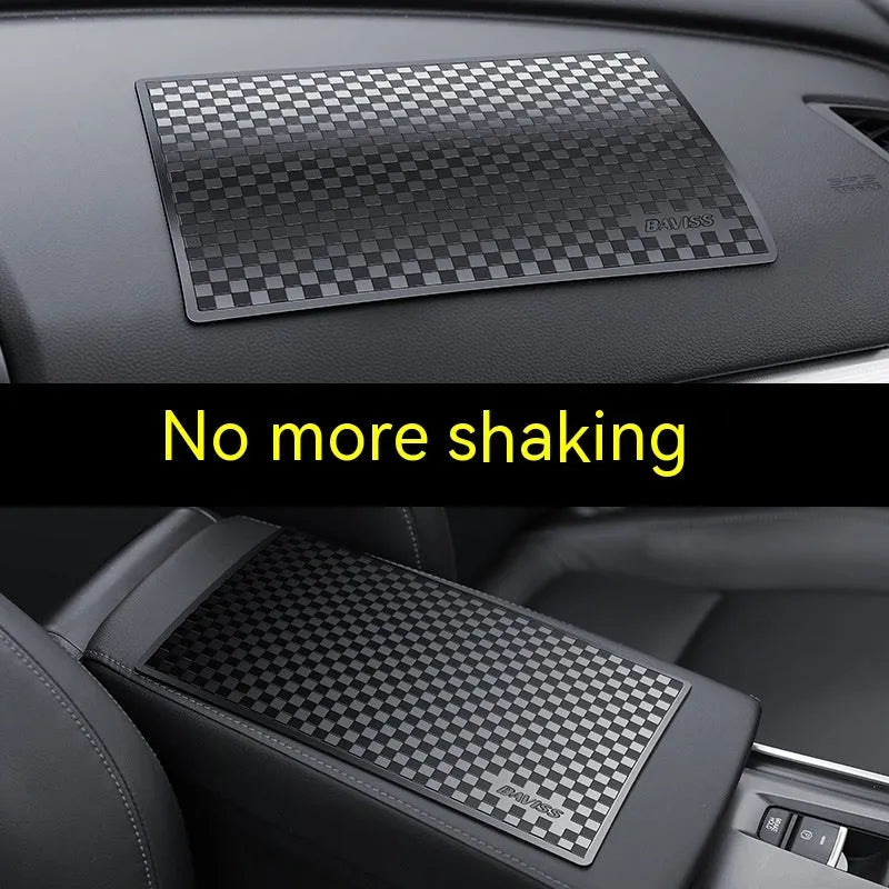 PU car dashboard anti-slip pad for mobile phone in Classic Black, showing textured surface and fit on instrument panel