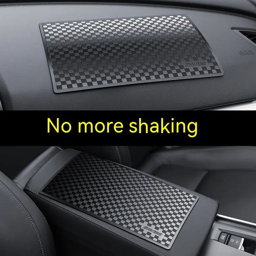 PU car dashboard anti-slip pad for mobile phone in Classic Black, showing textured surface and fit on instrument panel