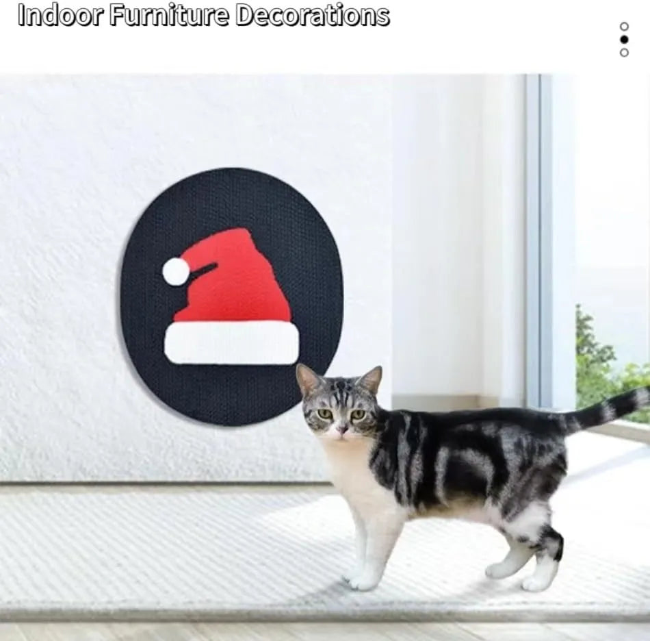 Wall mounted vertical cat scratch pad made of corrugated cardboard on a white wall.