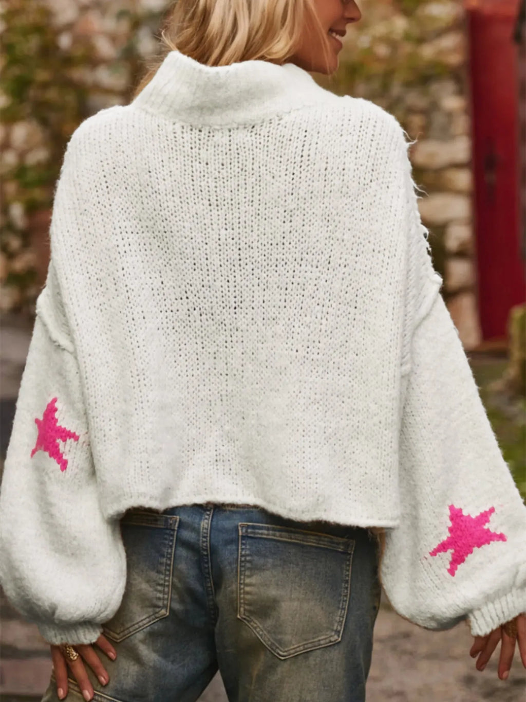 White women's turtleneck pullover sweater with five-pointed star pattern in imitation velvet fabric