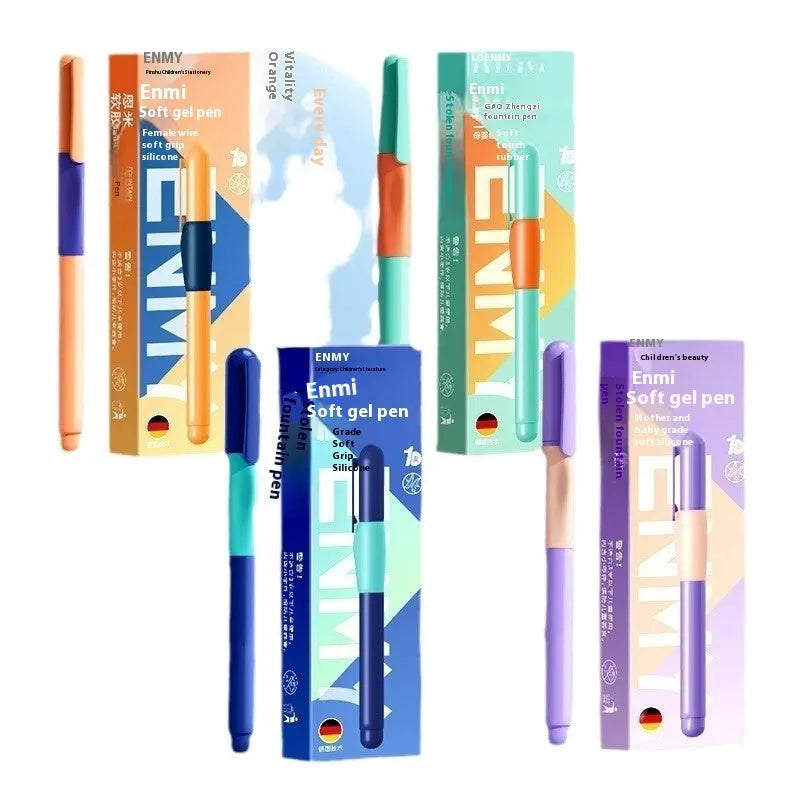 Student posture correction pen with triangular grip in blue, green, purple, and orange colours