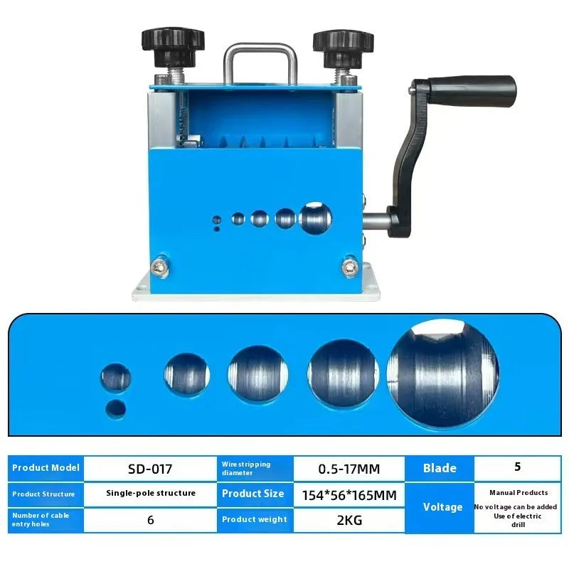 SD-017 manual wire stripping machine tool on a workbench next to electrical cables.