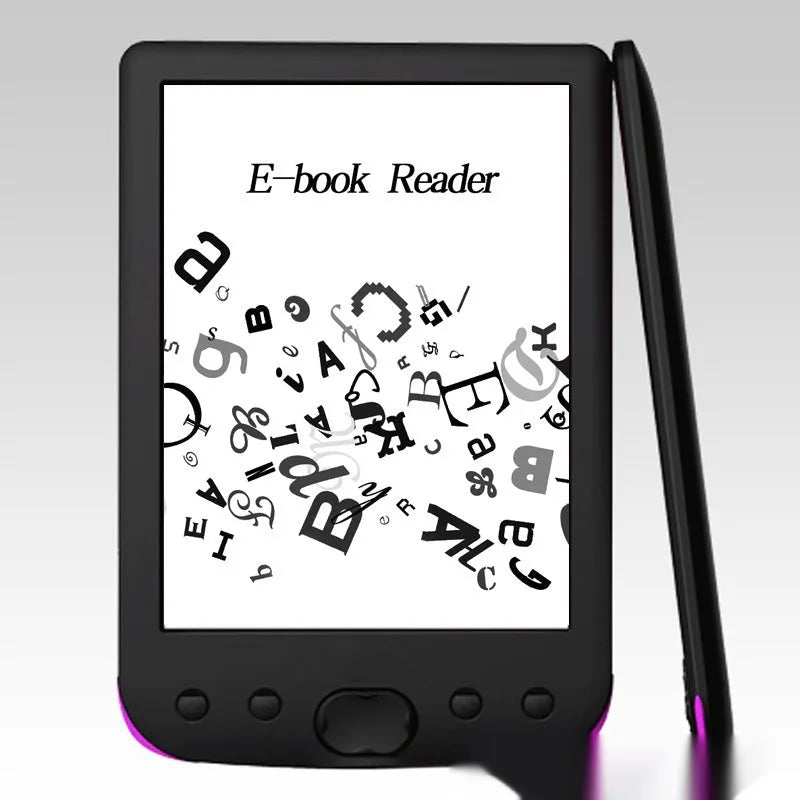 Black 6-inch e-book reader with E-ink screen and anti-glare display showing book text