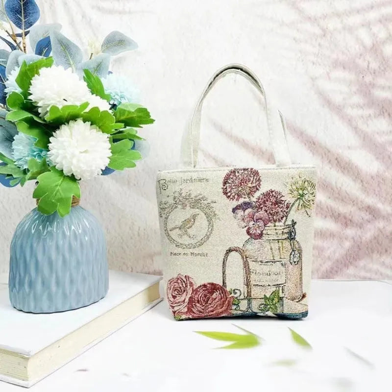 Double-sided gold wire embroidered canvas bag in small, medium, or large size.