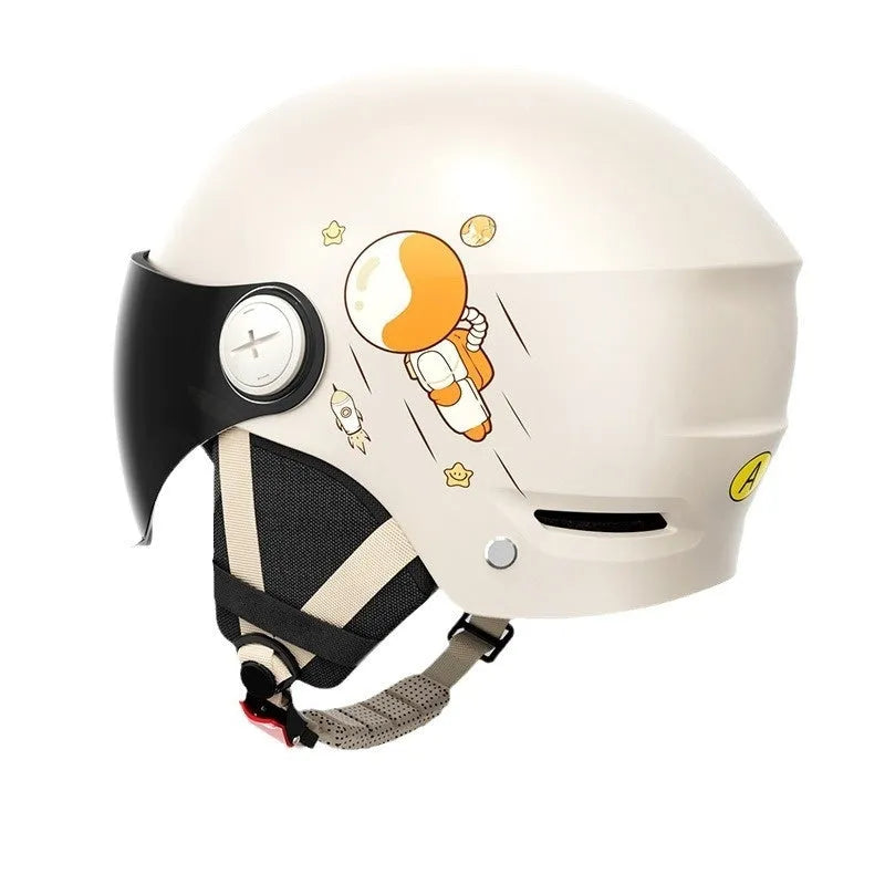 Khaki coloured unisex half helmet for electric motorcycles on a white background.