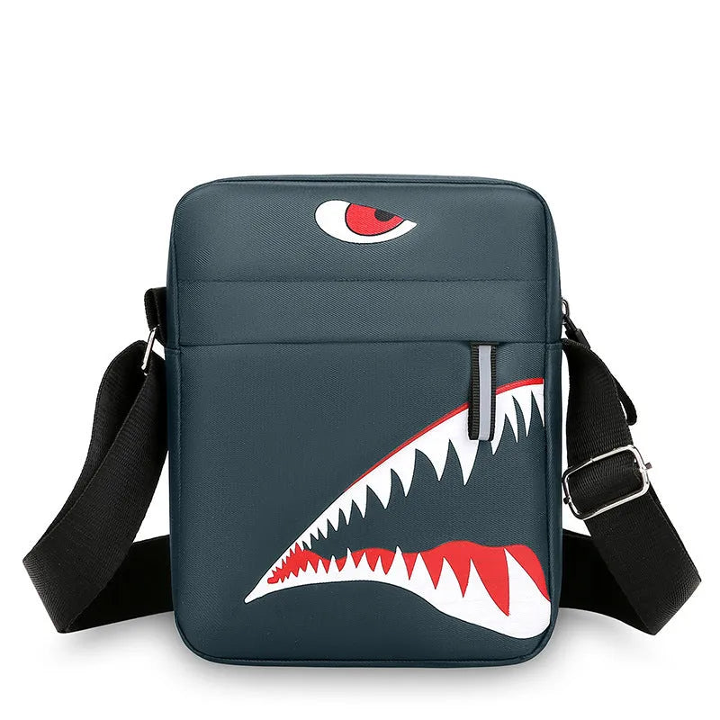 Men's black Oxford cloth crossbody bag with animal pattern design and shoulder strap