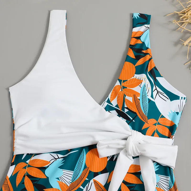 Women's high waist one-piece bikini swimsuit in printed black or white pattern