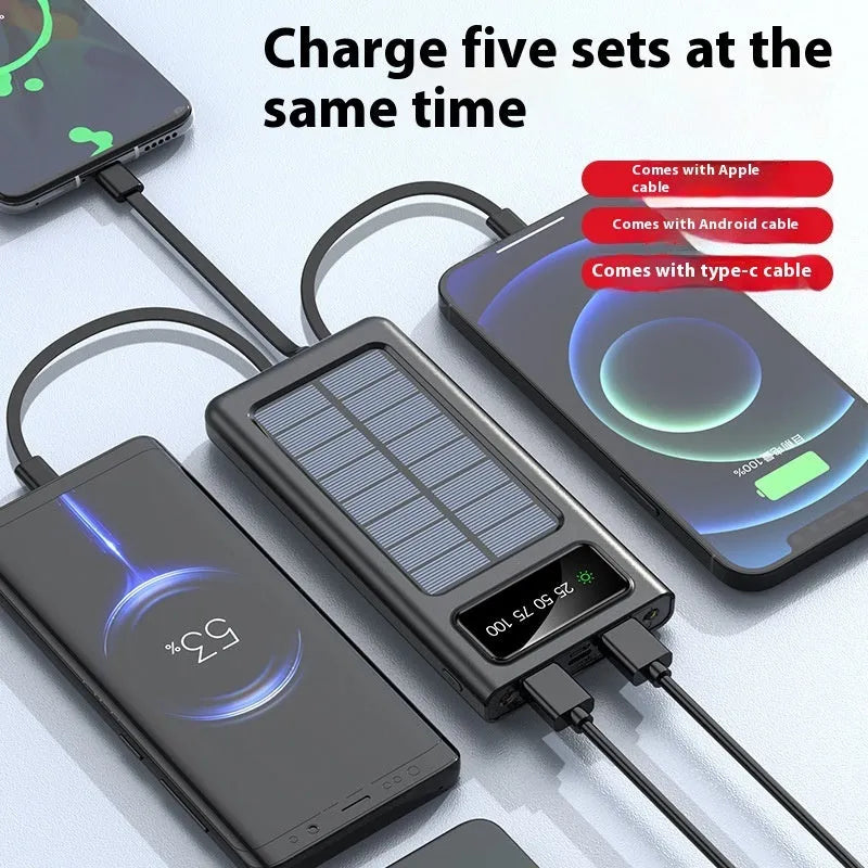 Solar power bank with integrated charging cable in black or white plastic casing