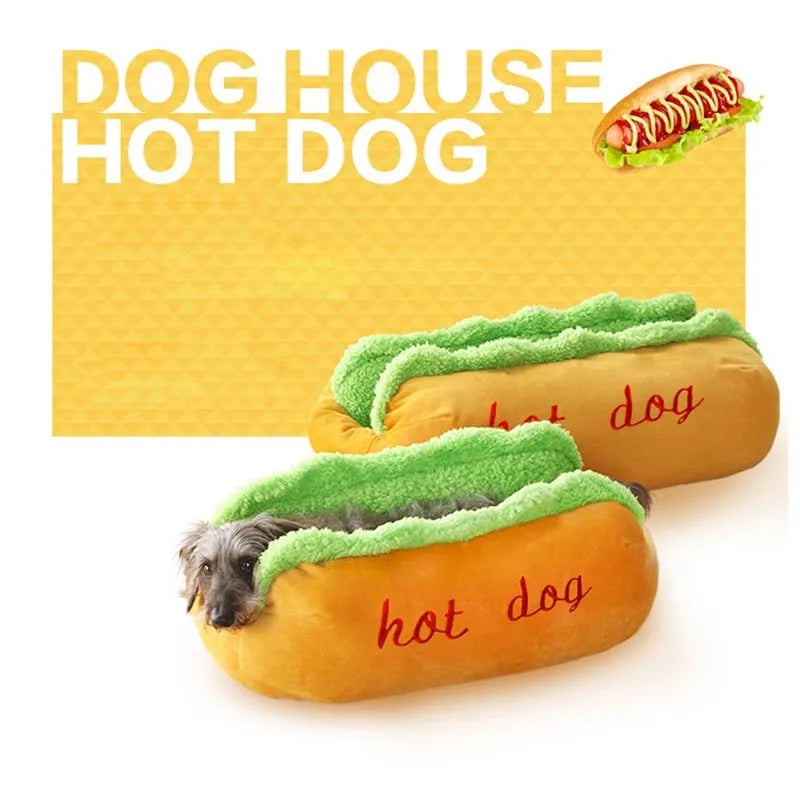 Sofa-style hot dog pet bed with raised sides and a removable cushion in a coffee colour.