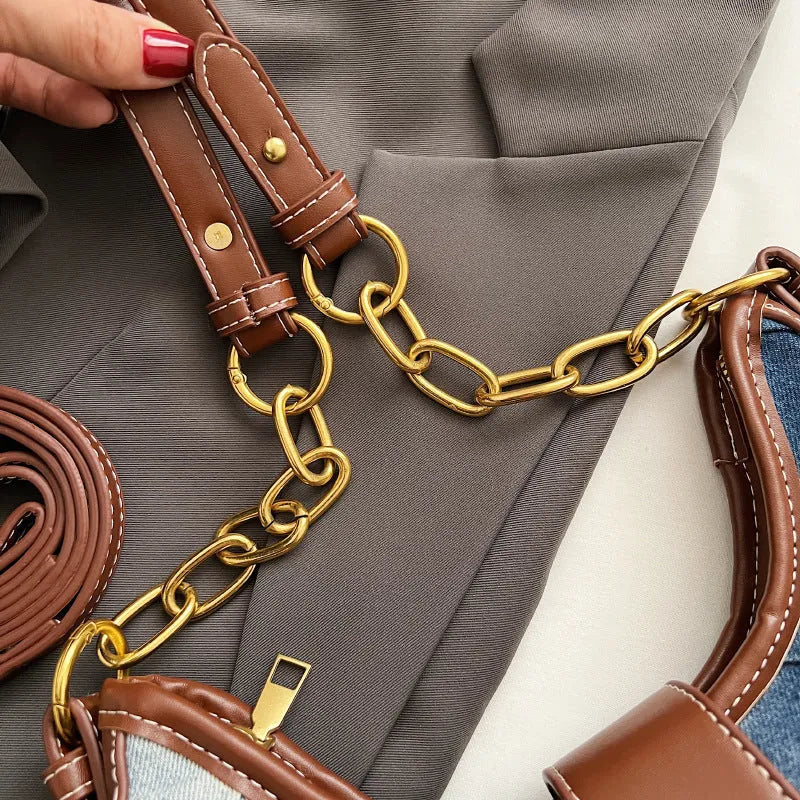 Brown denim women's shoulder bag with diamond mesh overlay and chain detailing