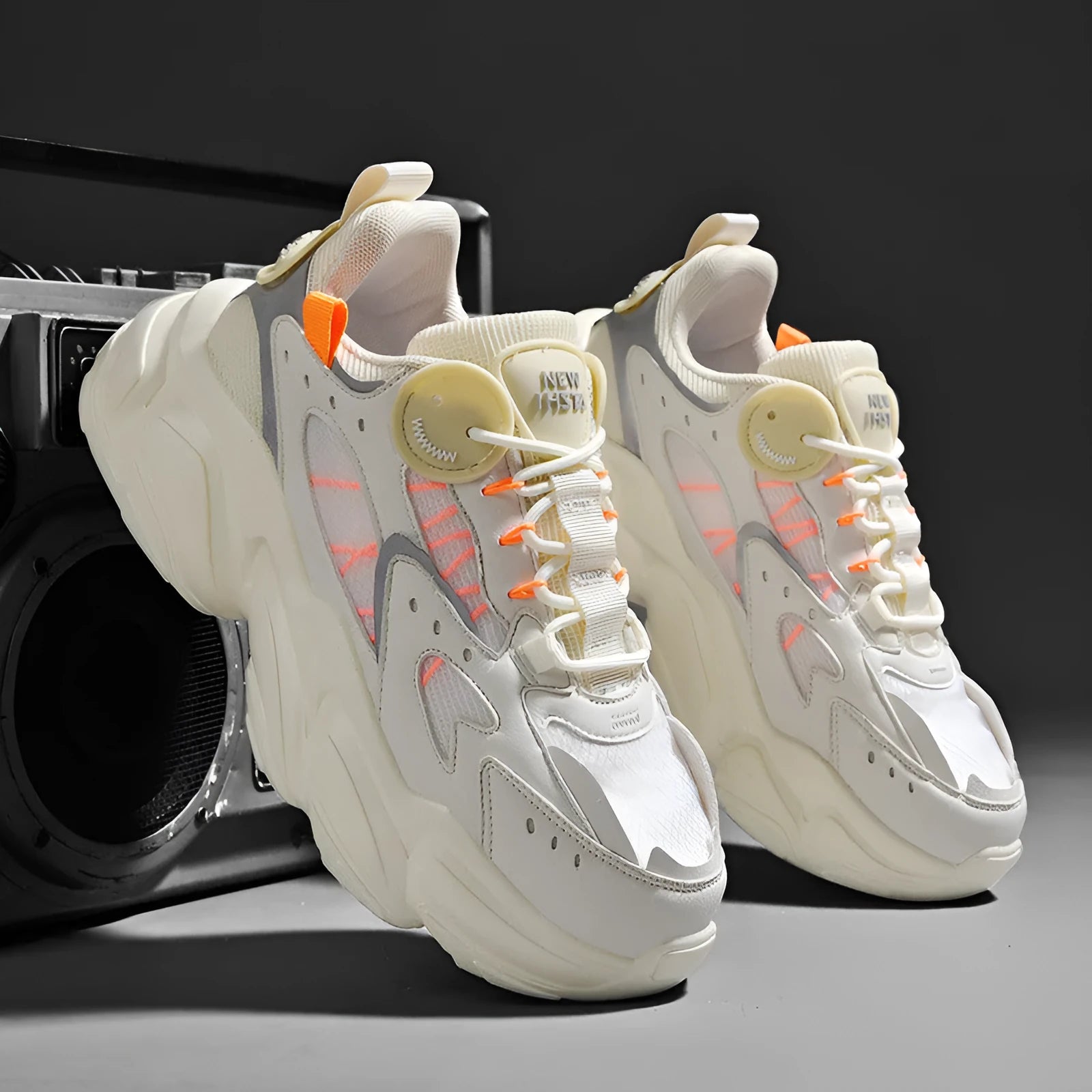 Men's PU running sports shoes in beige with stitching detail, side view