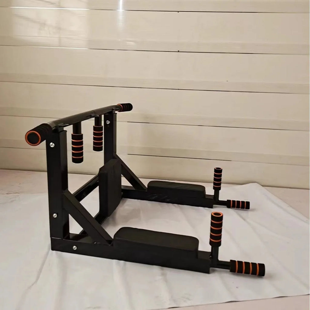 Black steel wall-mounted fitness unit with a sandbag rack and single parallel bars for pull-ups.