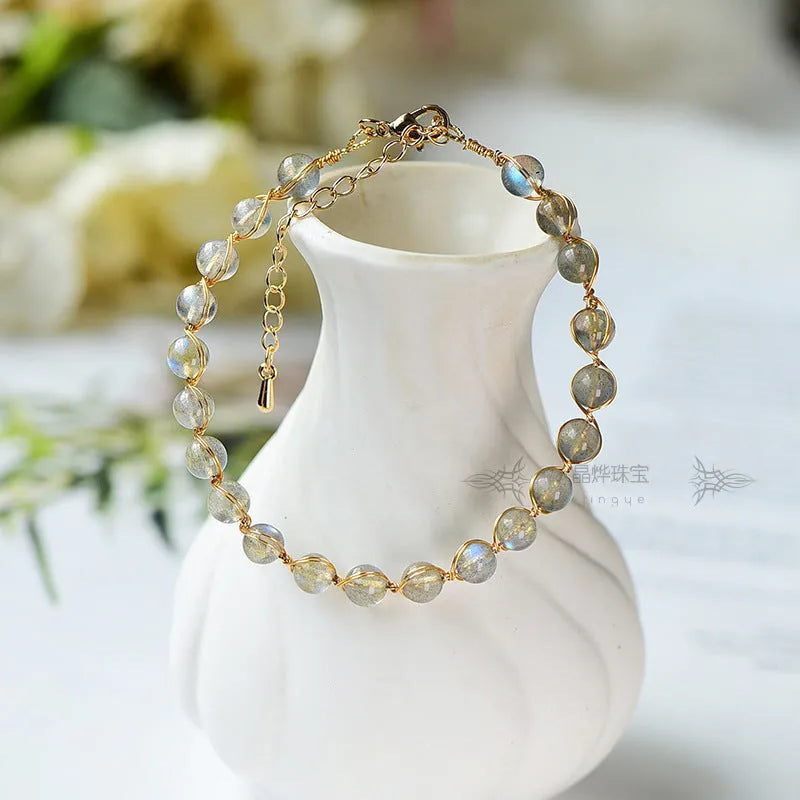 14K gilded bracelet with 6mm natural crystal blue moonstone beads and starry sky colour matching