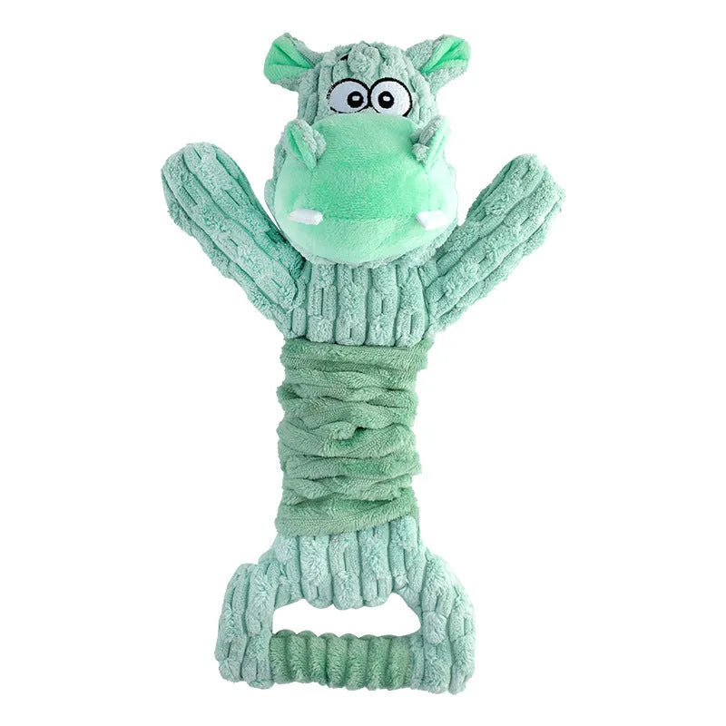 Large plush hippo or monkey dog toy with a handle for tug of war