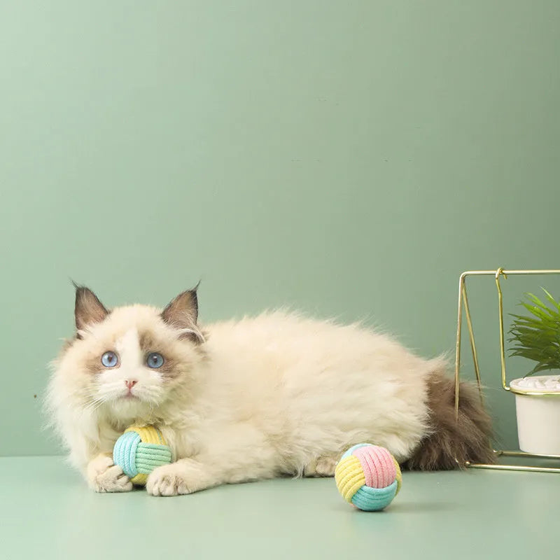 Handmade blue powder, green blue, and pink green cotton plush cat hair ball toy, 5cm in diameter.