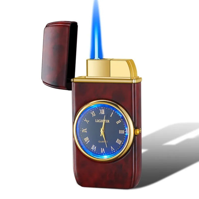 Electronic watch cigarette lighter with LED flashing lamp in metal body showing multiple colour finish options