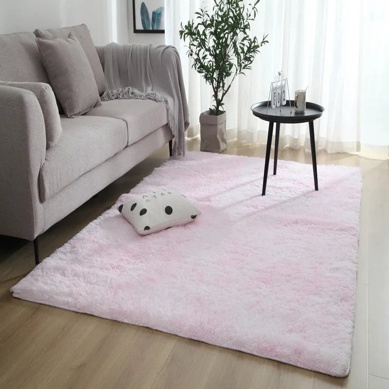 Long hair tie-dyed gradient polyester carpet in a living room setting showing soft texture and colour transition