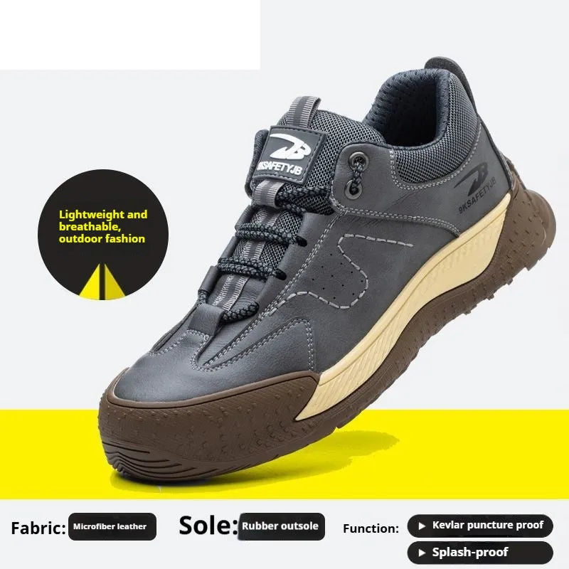 Flyknit safety work shoes with leather upper and rubber sole in multiple colour options
