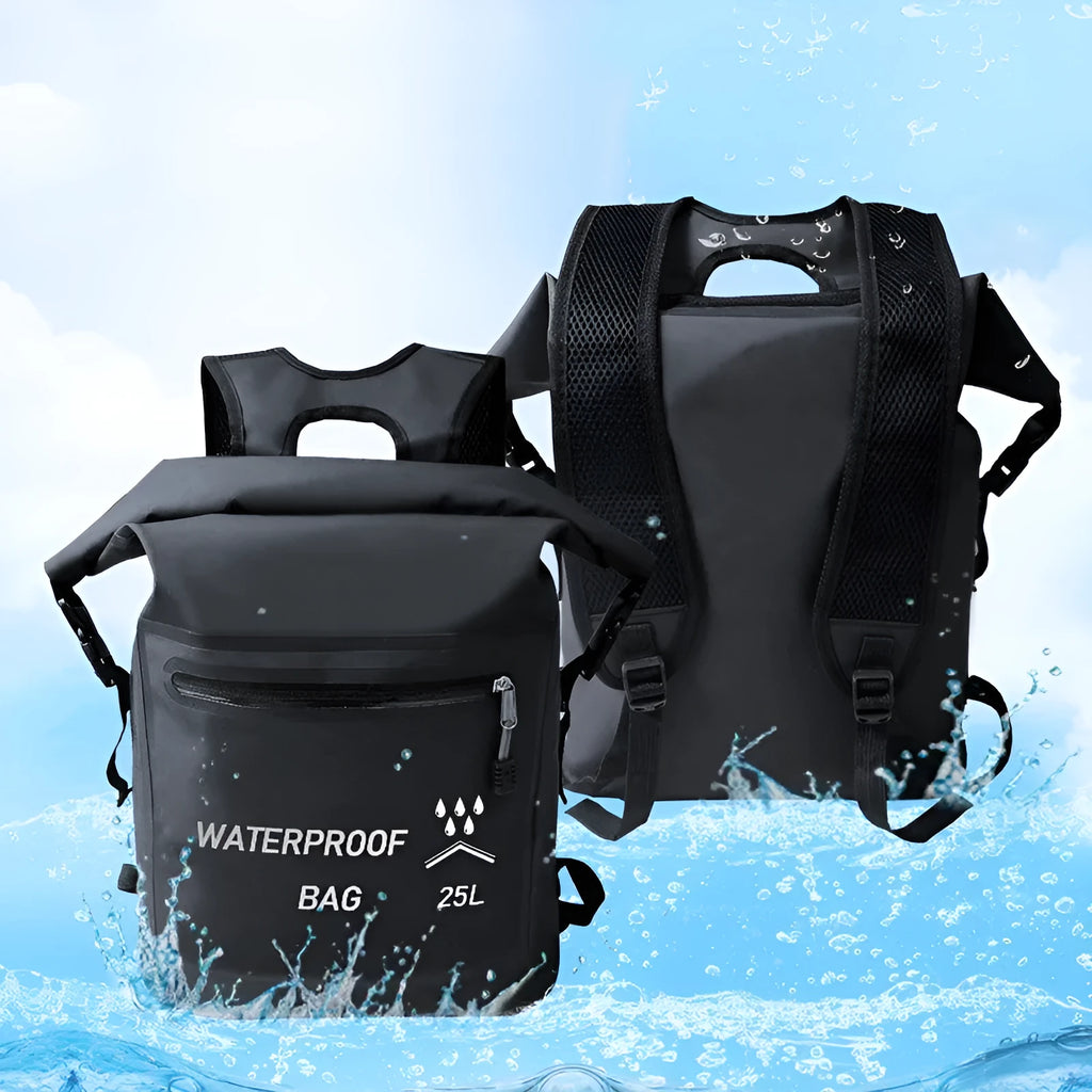 Black 25 litre waterproof outdoor backpack for swimming and rafting