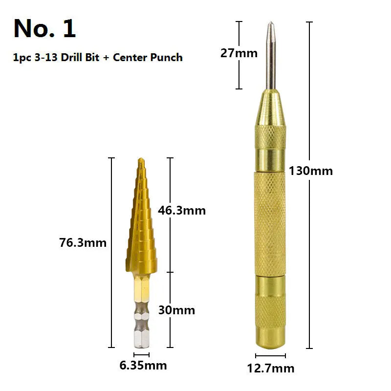 High speed steel step drill bit set with centre punch showing multiple hole sizes from 3mm to 32mm