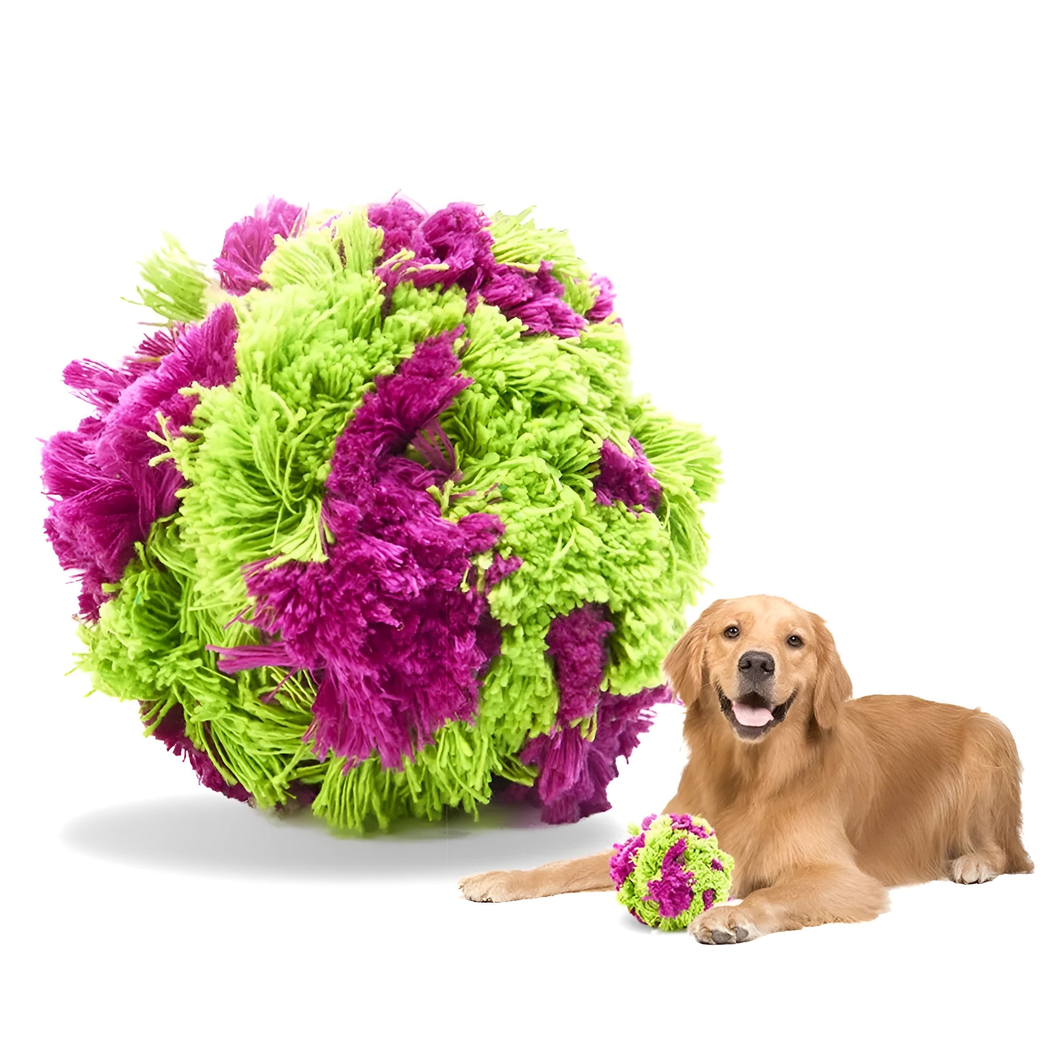 Purple plush dog ball toy with knotted seaweed texture for teething puppies