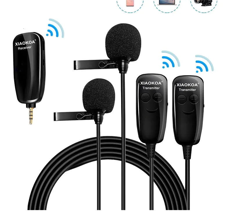 Black omnidirectional lavalier lapel microphone with 3.5mm plug and APS cable for mobile phones