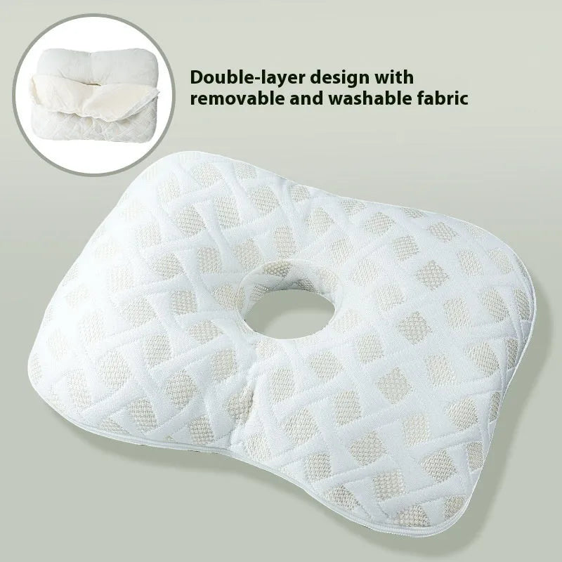 Single-hole ear pillow in plaid grey with detachable cover, shown with dimensions 39cm by 28cm.