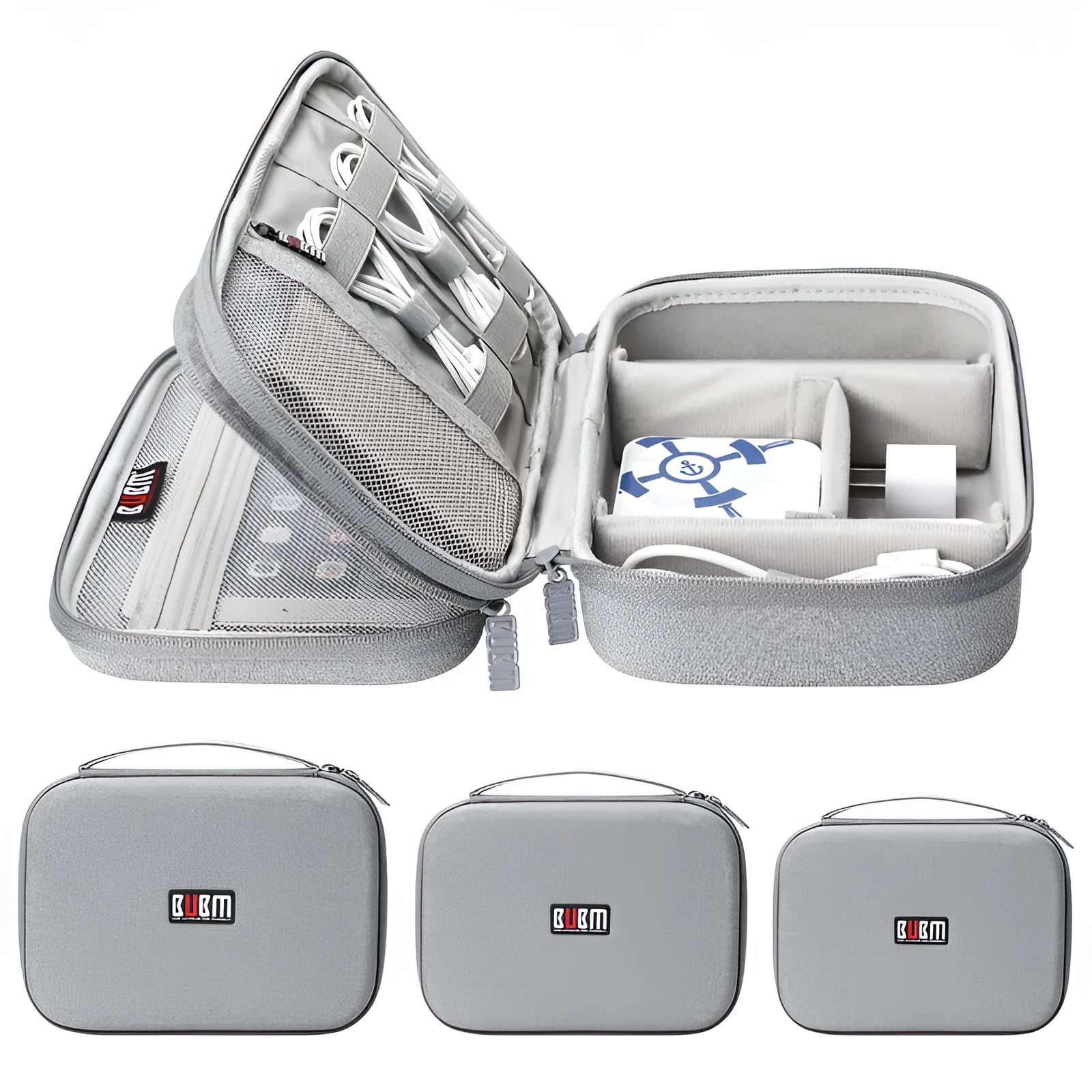 Black and grey EVA digital storage bag for organising headphones, cables, and small electronics.