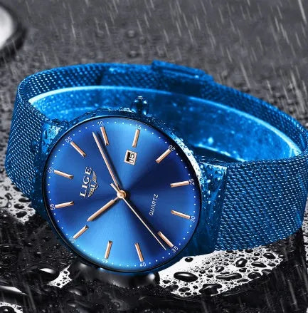 Men's stainless steel watch with 40mm dial in black, blue, and black blue colour options.