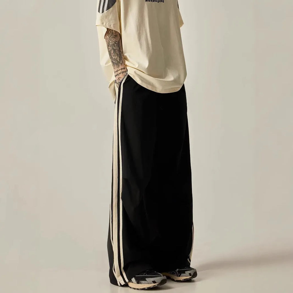 Black men's wide leg climbing trousers with high waist and straight long design