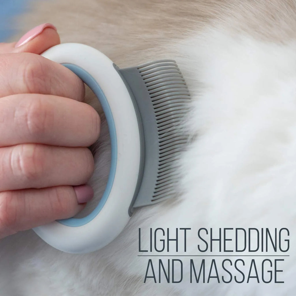 Blue pet grooming comb for deshedding and dematting cats and dogs with soft teeth