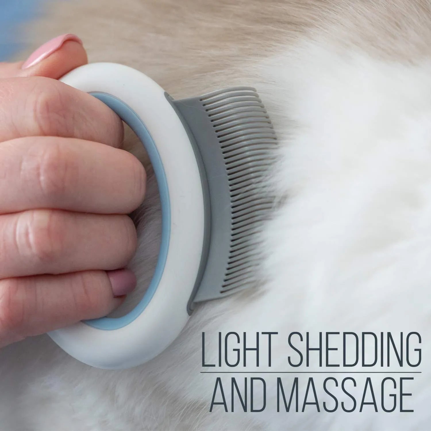 Blue pet grooming comb for deshedding and dematting cats and dogs with soft teeth