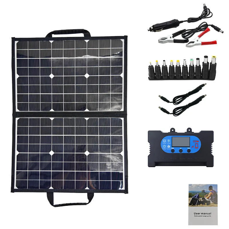 Black foldable solar panel charger bag showing 40W single crystal panel, folded for transport.