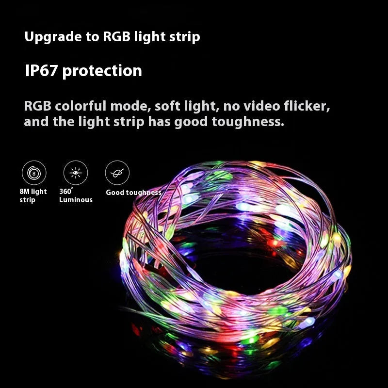 Rechargeable outdoor string lights with LED beads draped over a garden tent.