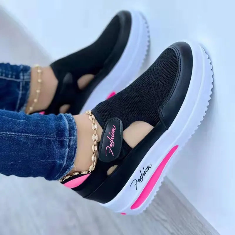 Women's casual low wedge sneakers in black with mesh upper and Velcro strap