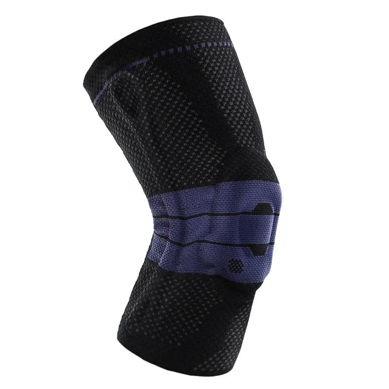 Black and blue adult sports knee pad for basketball and running, made of nylon and spandex.