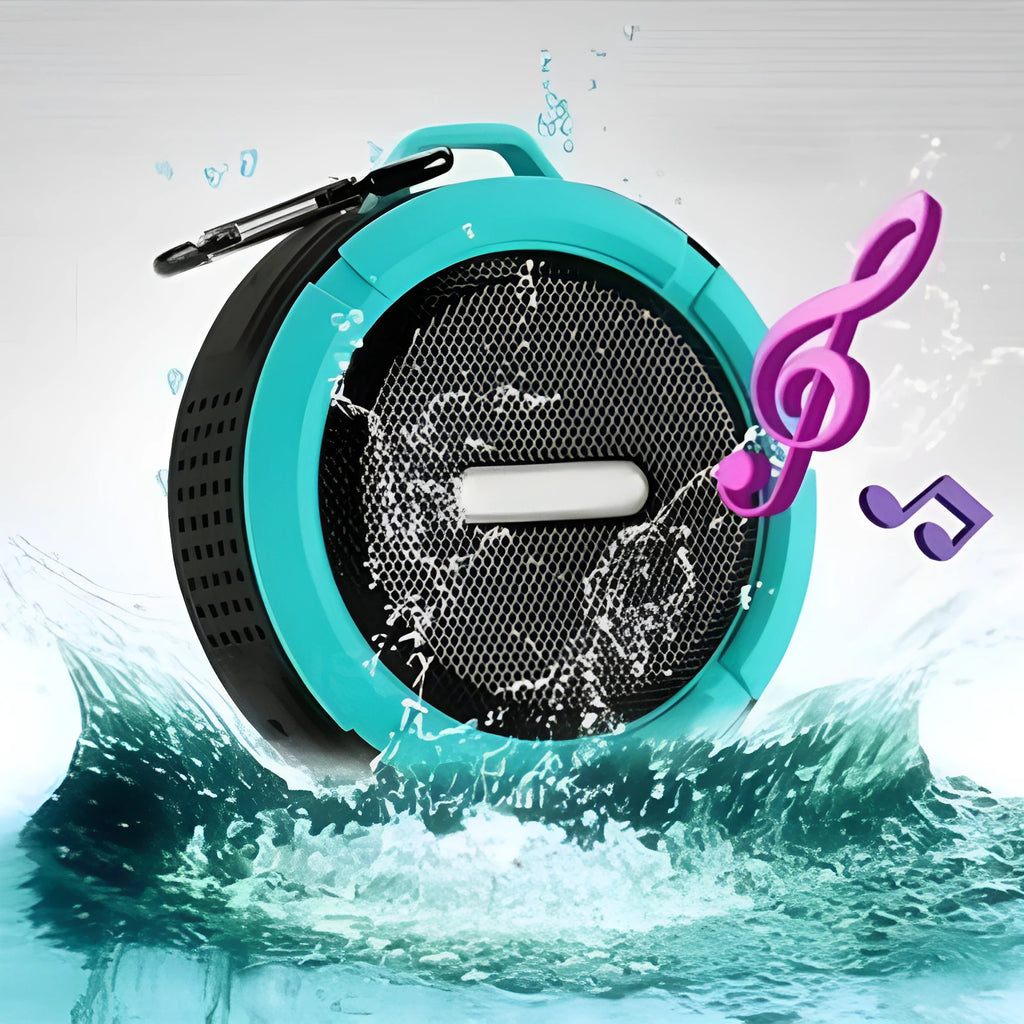 Portable waterproof Bluetooth speaker in blue with a mountaineering buckle clip for bags.