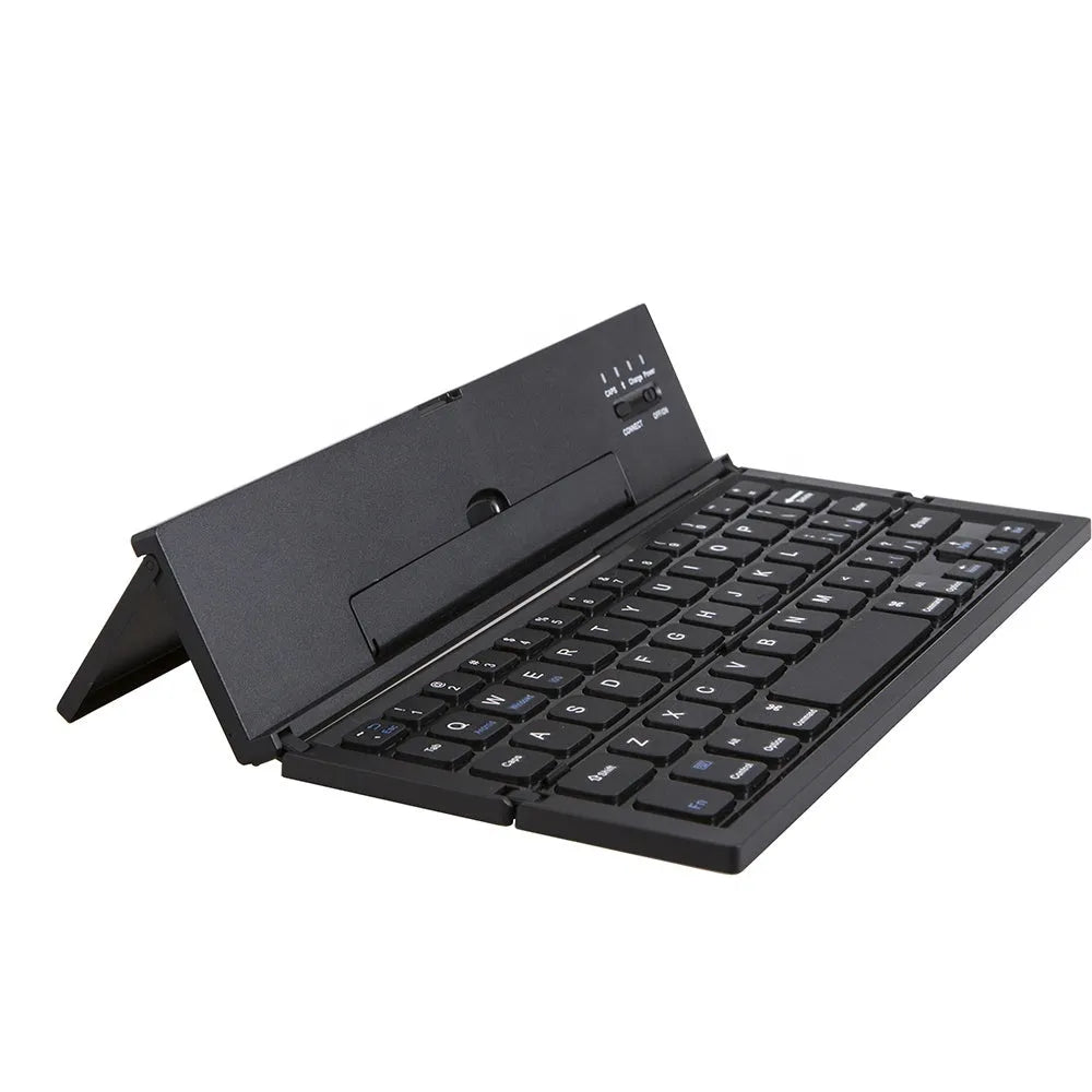 Black folding wireless Bluetooth keyboard for tablets with aluminium bottom cover