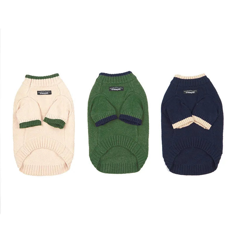 British style wool pet sweater with contrasting colours on two legs, shown in Crown Blue colour option