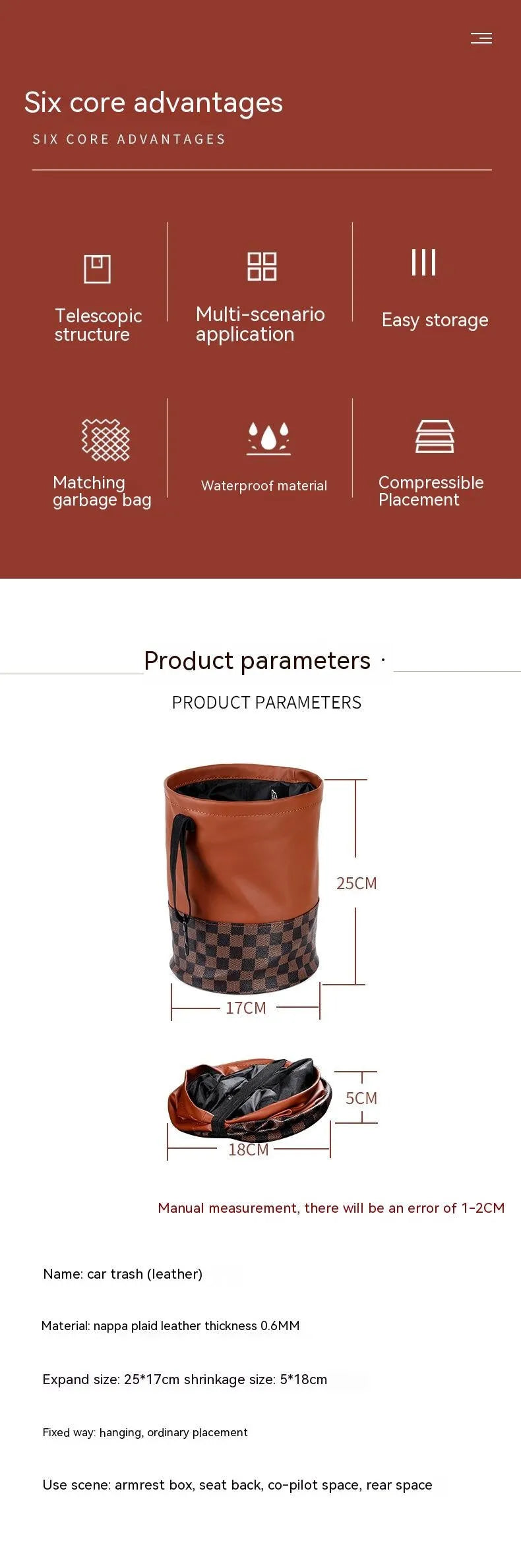 Retractable leather interior car trash can with handle shown in vehicle