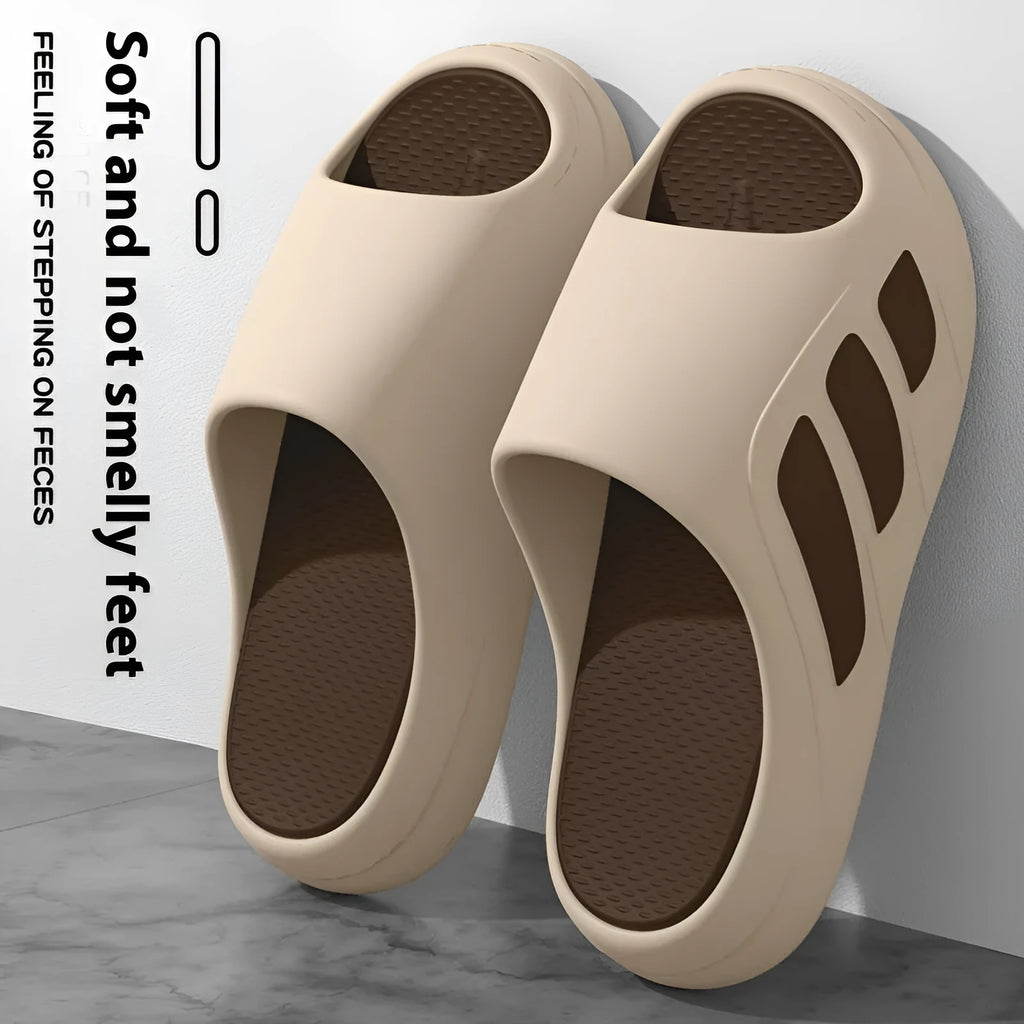 EVA platform slippers with injection moulded sole and letter design in two-tone colour options