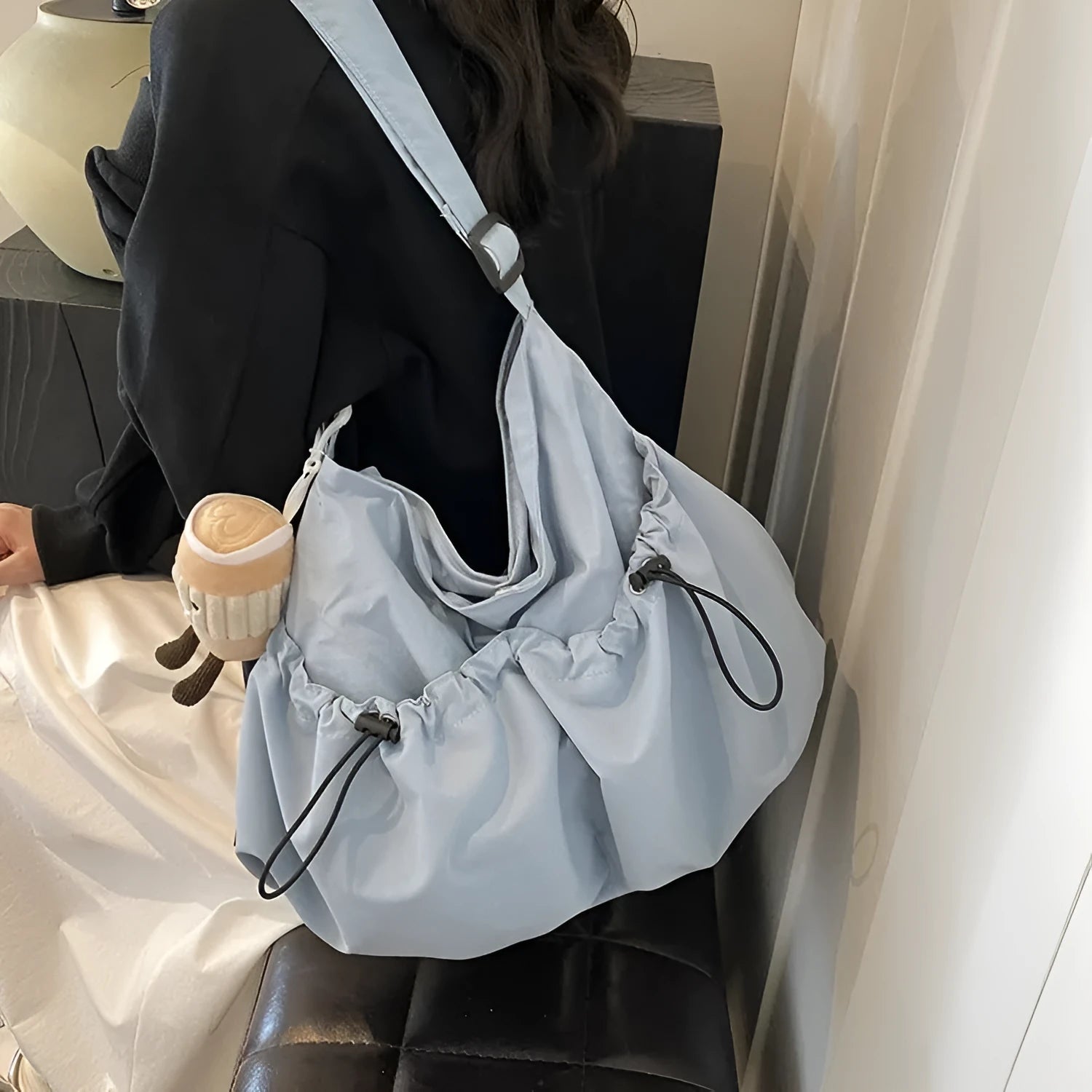 Ultra-light pleated crossbody student cloth bag in green with folding design and phone pocket