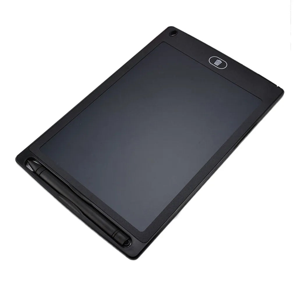 LCD electronic handwriting board for children in blue, with stylus pen, showing drawn shapes on screen.