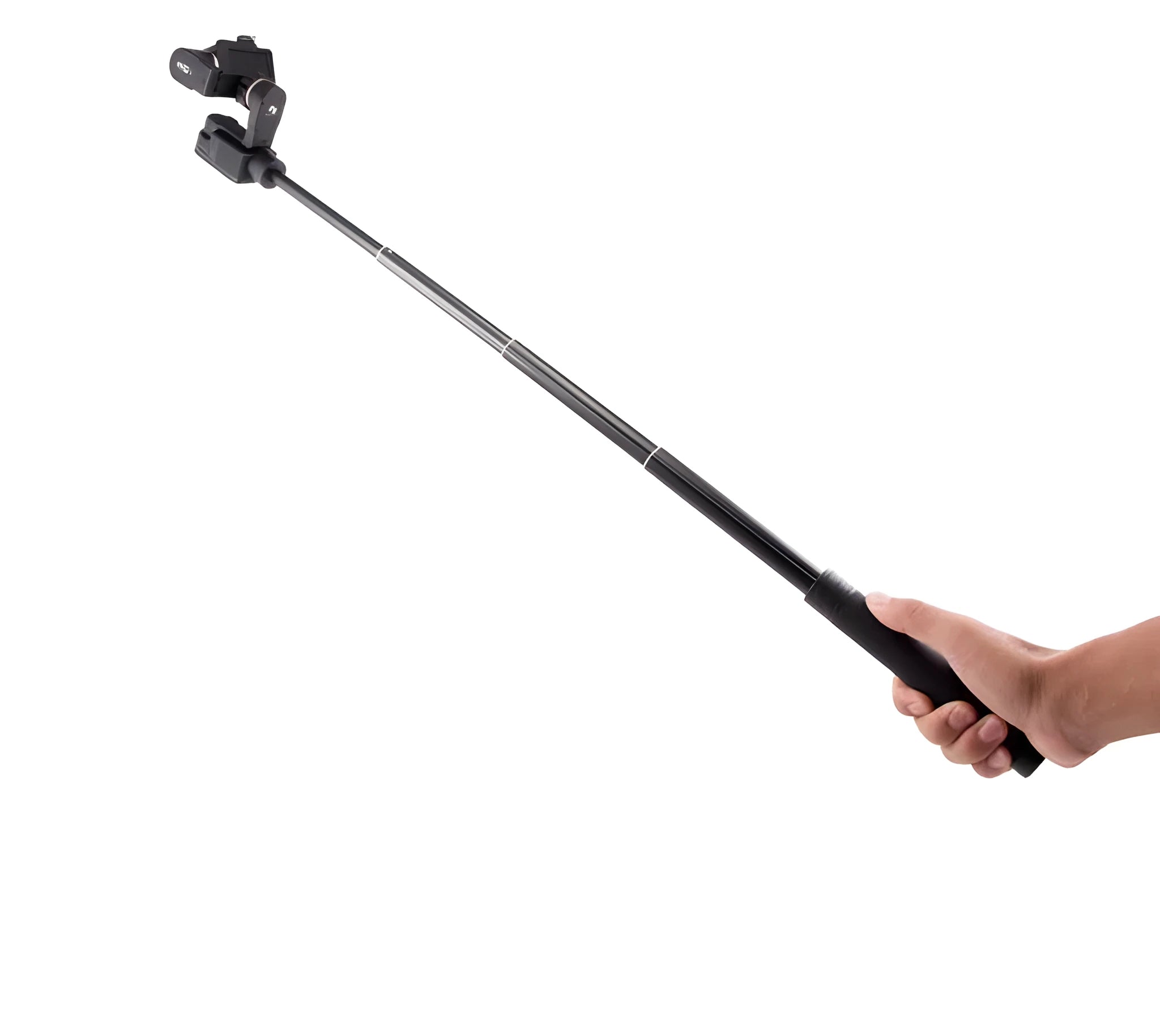 Black retractable lengthened selfie stick extended as a hand-held stabiliser