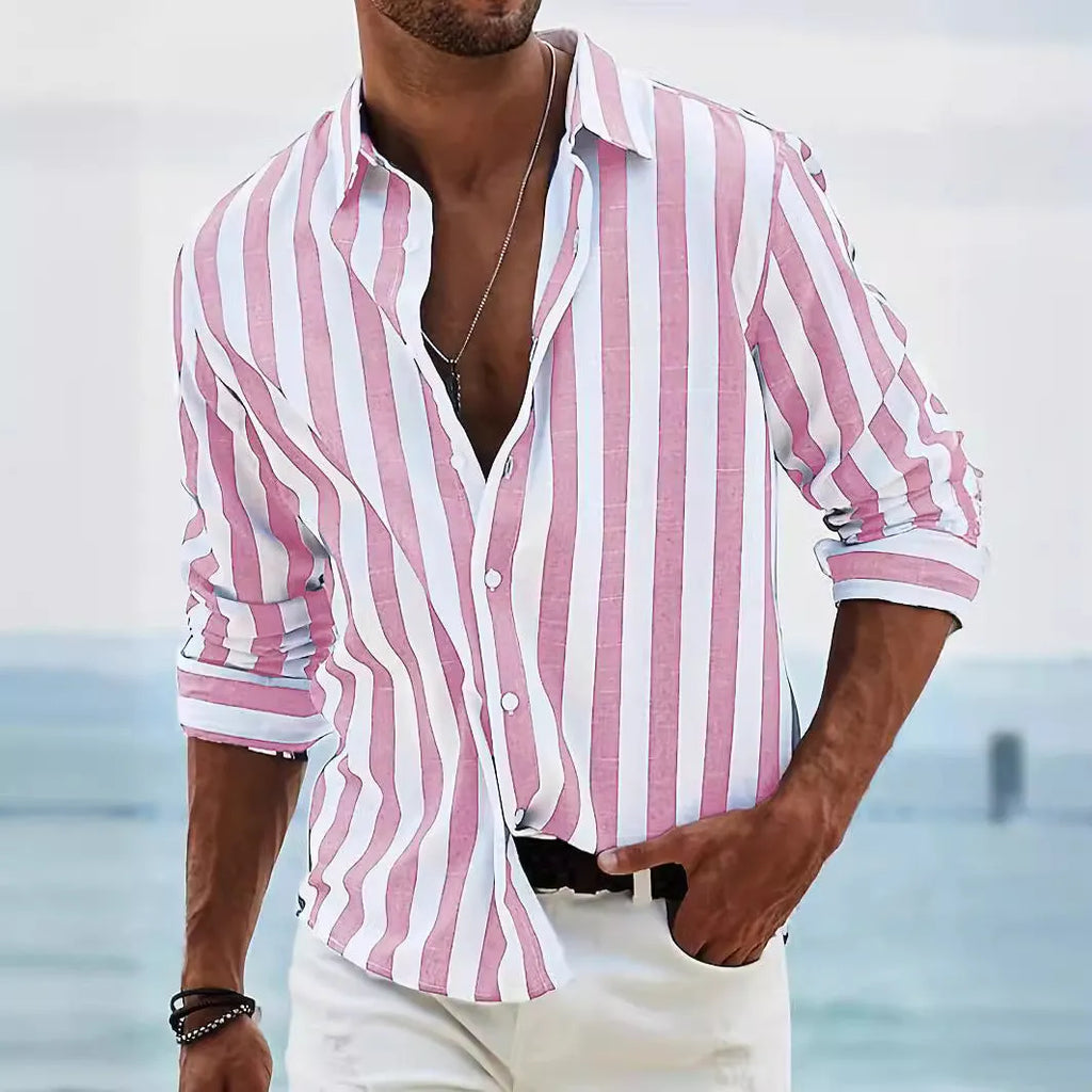 Men's loose fit striped long-sleeved cardigan shirt in light grey polyester fabric