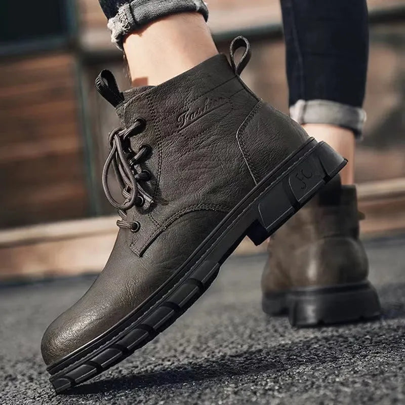 Men's high-top black leather Martin boots with front lacing, square heel, and stitched PU upper