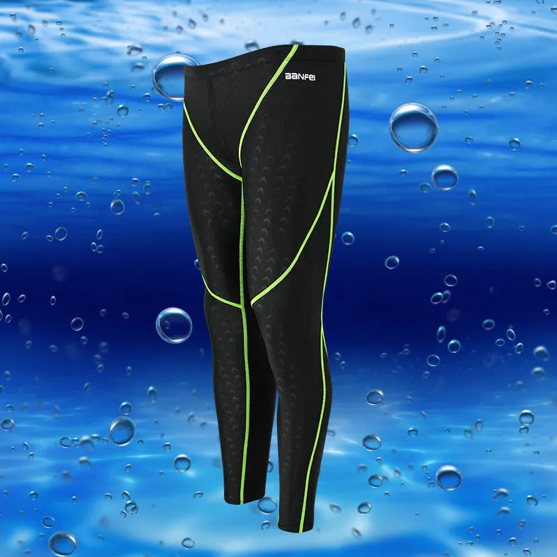 Men's black nylon cropped swimming trunks with a contrast line detail and drawstring waist.
